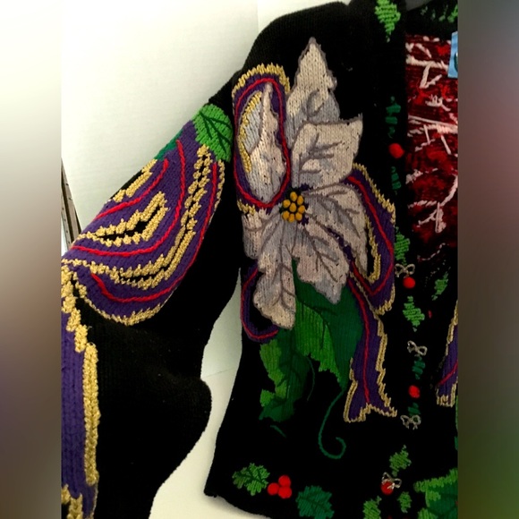 Vintage Just Better Sweaters Lisa Coufal Floral Christmas Cardigan 2XL Hand Knit - Picture 3 of 8